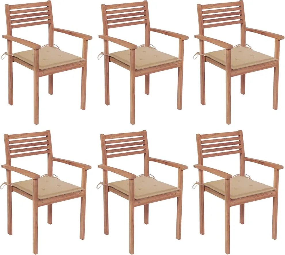 vidaXL Cadeiras de jardim empilháveis c/ almofadões 6 pcs teca maciça