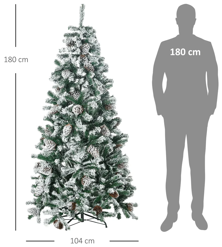 Árvore de Natal Artificial Altura 180 cm Árvore com Neve com 695 Ramos 57  Pinhas e Base de Aço Dobrável Ø104x180 cm Verde