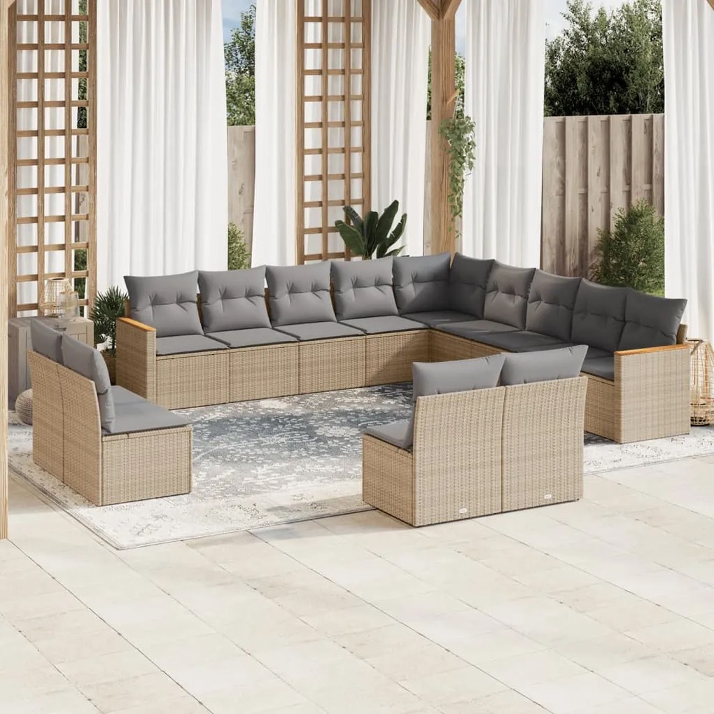 vidaXL 13 pcs conj. sofás jardim c/ almofadões vime PE bege misturado