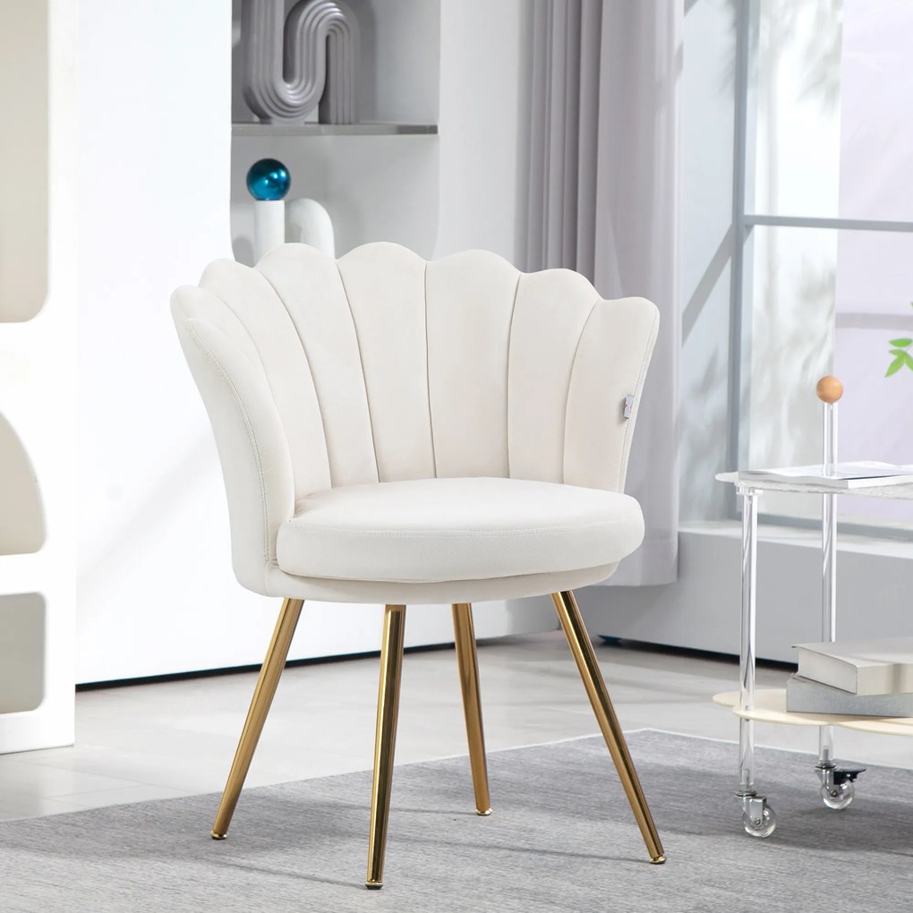 Poltrona em forma de concha, cadeira de Toucador, poltrona de veludo, poltrona de sala com pés em metal dourado e creme