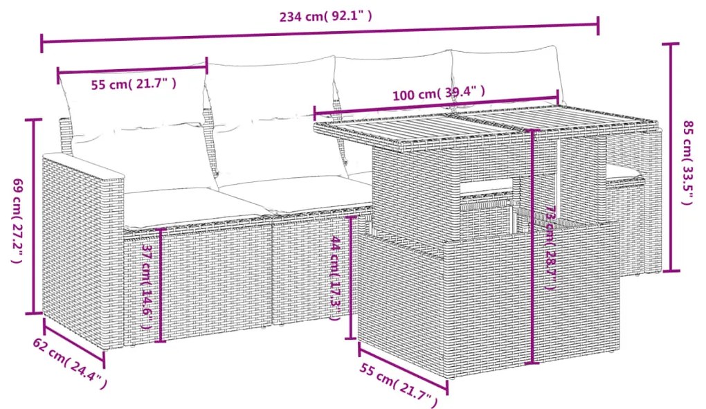 5 pcs conjunto sofás de jardim c/ almofadões vime PE cinzento