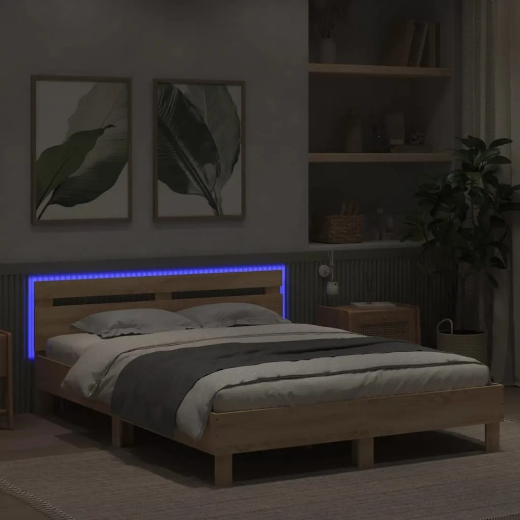 Estrutura cama c/ cabeceira/luzes LED 140x190cm carvalho sonoma