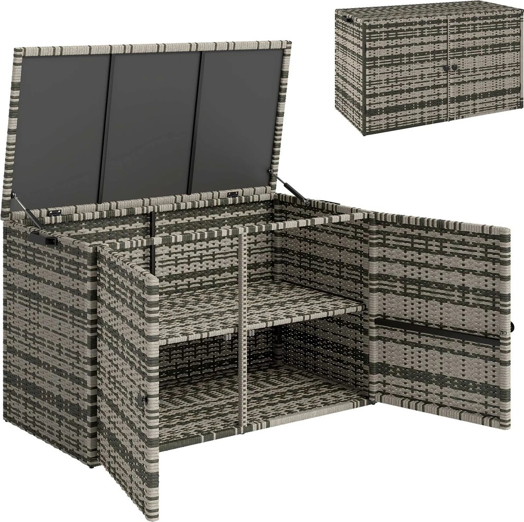 Outsunny Baú de almofadas em rattan 350L 2-Ebenne caixa para almofadas com tampa barras de elevação alças de transporte 118 x 57 x 69 cm cinza mesclado | Aosom Portugal