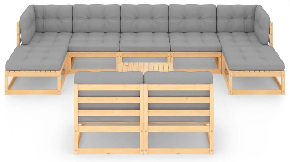 10 pcs conjunto lounge de jardim c/ almofadões pinho maciço