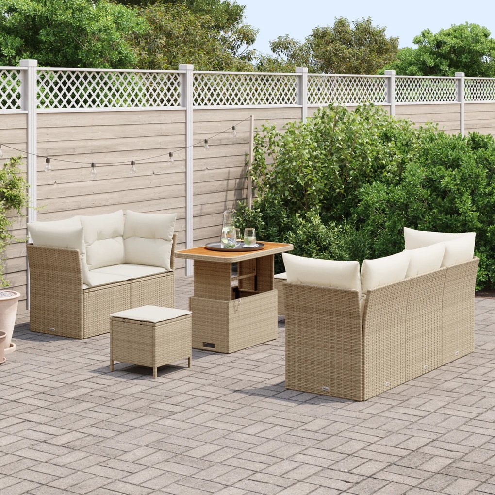 Conjunto de Sofá de Jardim de 8 Peças com Almofadas Bege Vime PE Acáci