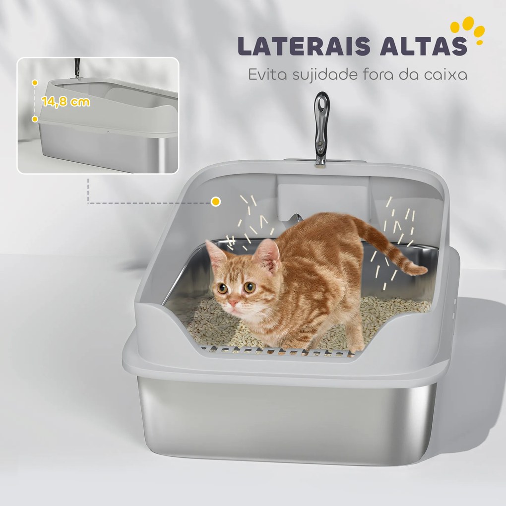 Caixa de Areia para Gatos em Aço Inoxidável XXL com Borda Alta Pá Fácil de Limpar À Prova de Fugas 70x50x30 cm Cinzento