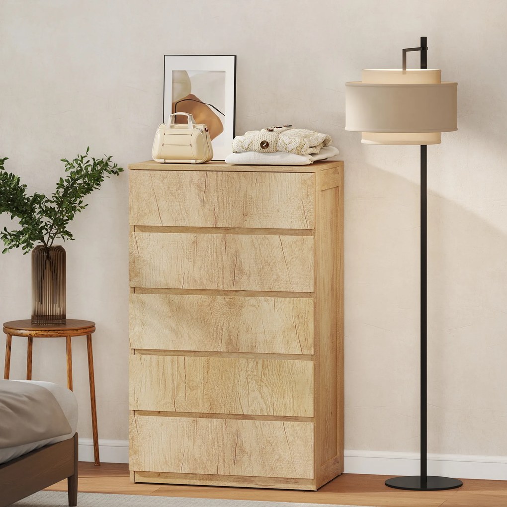 Cómoda de 5 Gavetas para Quarto Moderna Design sem Puxadores para Sala de Jantar Entrada 60x39x100 cm Madeira Natural