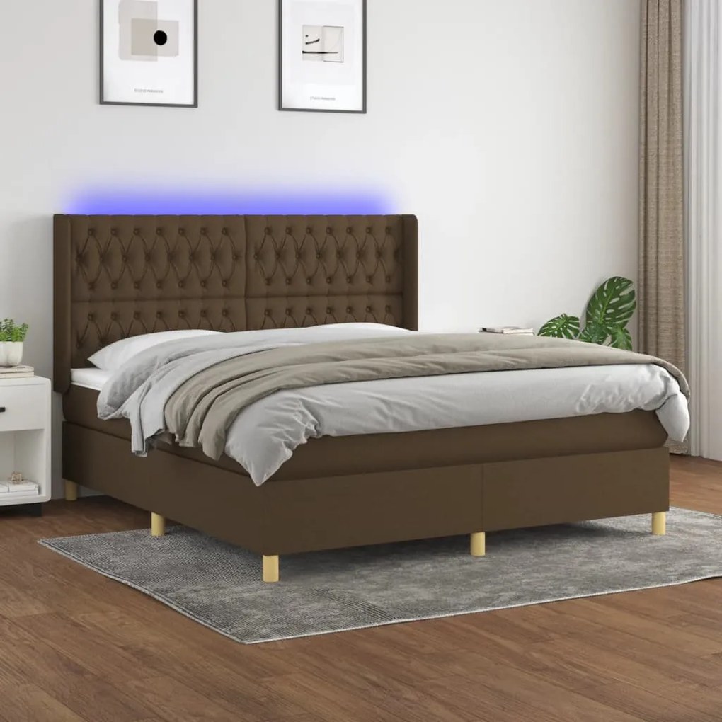 3139136 vidaXL Cama box spring c/ colchão/LED 180x200cm tecido castanho-escuro