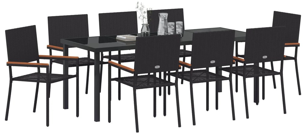 Conjunto de Jantar de 9 Peças Preto Rattan Poliéster