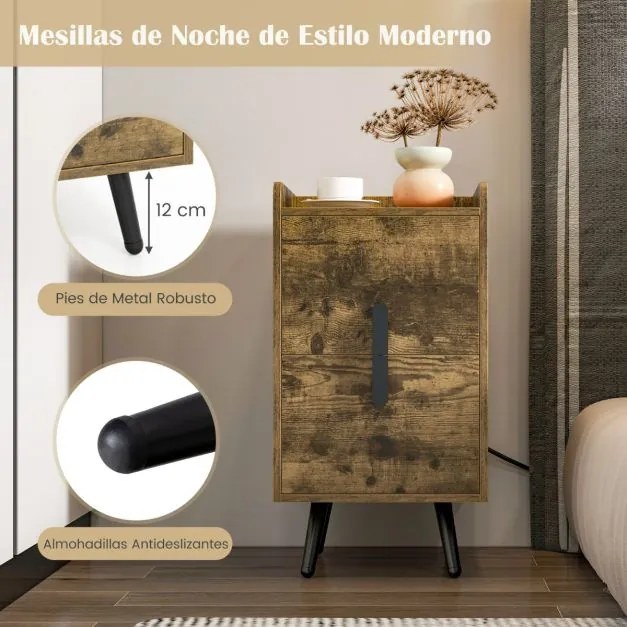 Mesa de cabeceira ou mesa apoio com 2 gavetas 40 x 32 x 60 cm e Estação de carregamento Pernas de metal resistentes Castanha