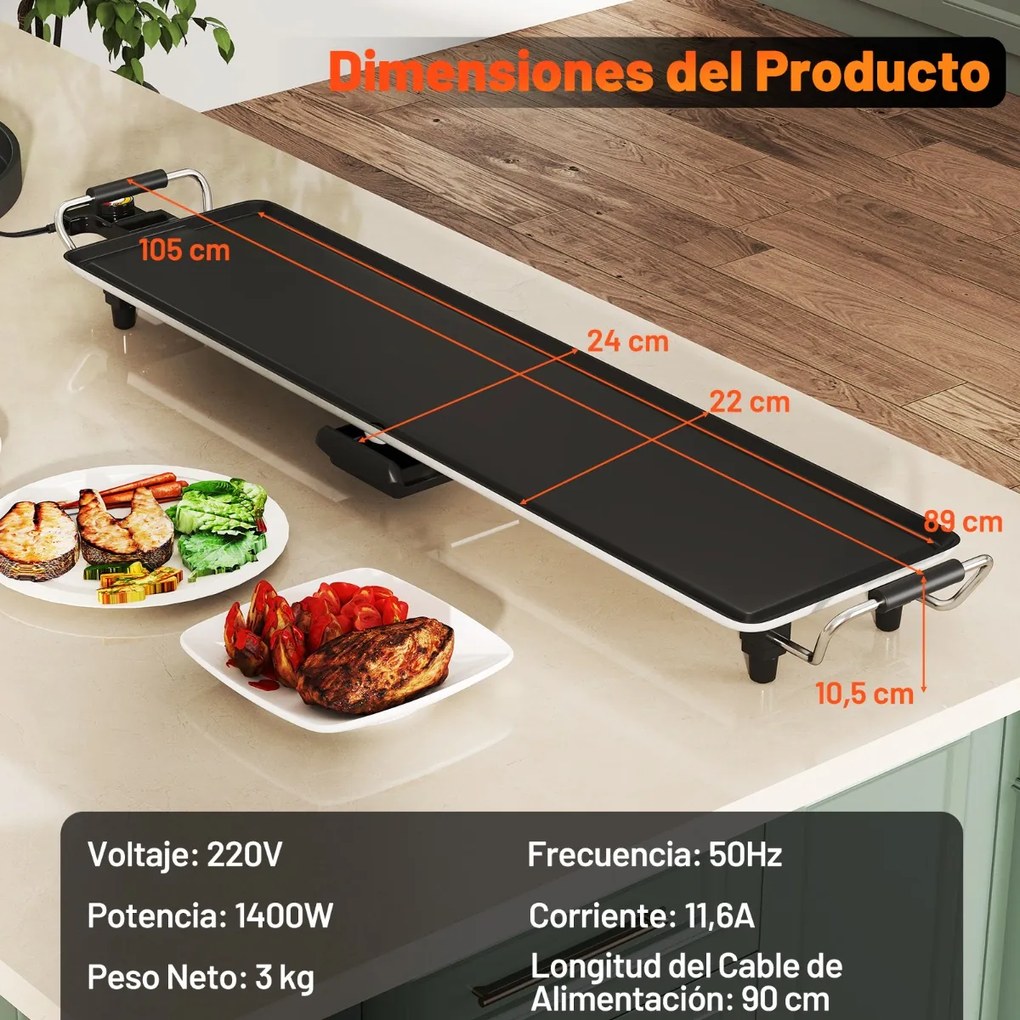 Grelhador elétrica portátil 105x24x10,5 cm com 2 superfícies de cozedura Termostato de 4 níveis e tabuleiro removível
