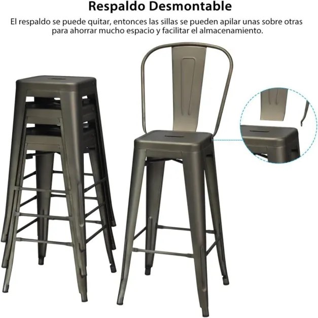 Conjunto de 4 bancos de bar em metal com apoio para os pés Cadeiras de cozinha com encosto amovível 43 x 43 x 116 cm Bronze