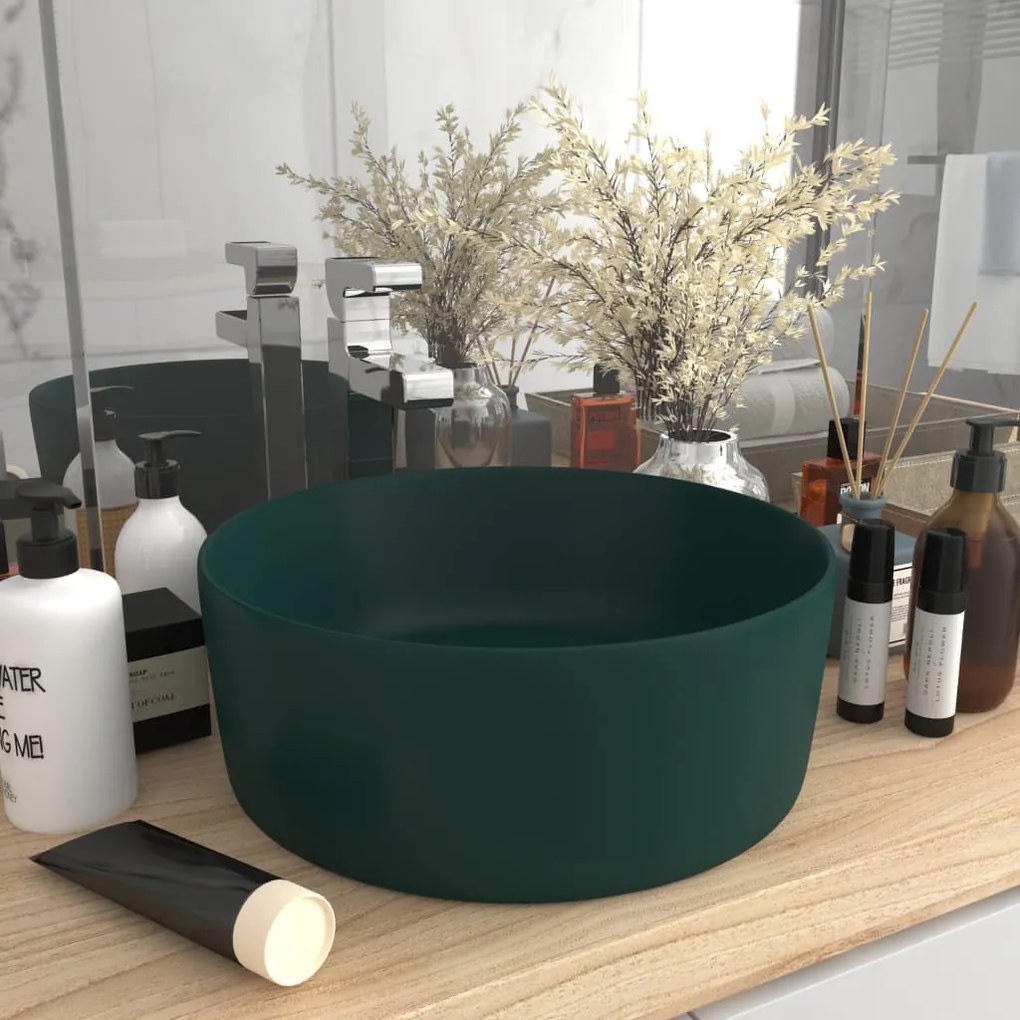 147014 vidaXL Lavatório luxuoso redondo 40x15cm cerâmica verde-escuro mate