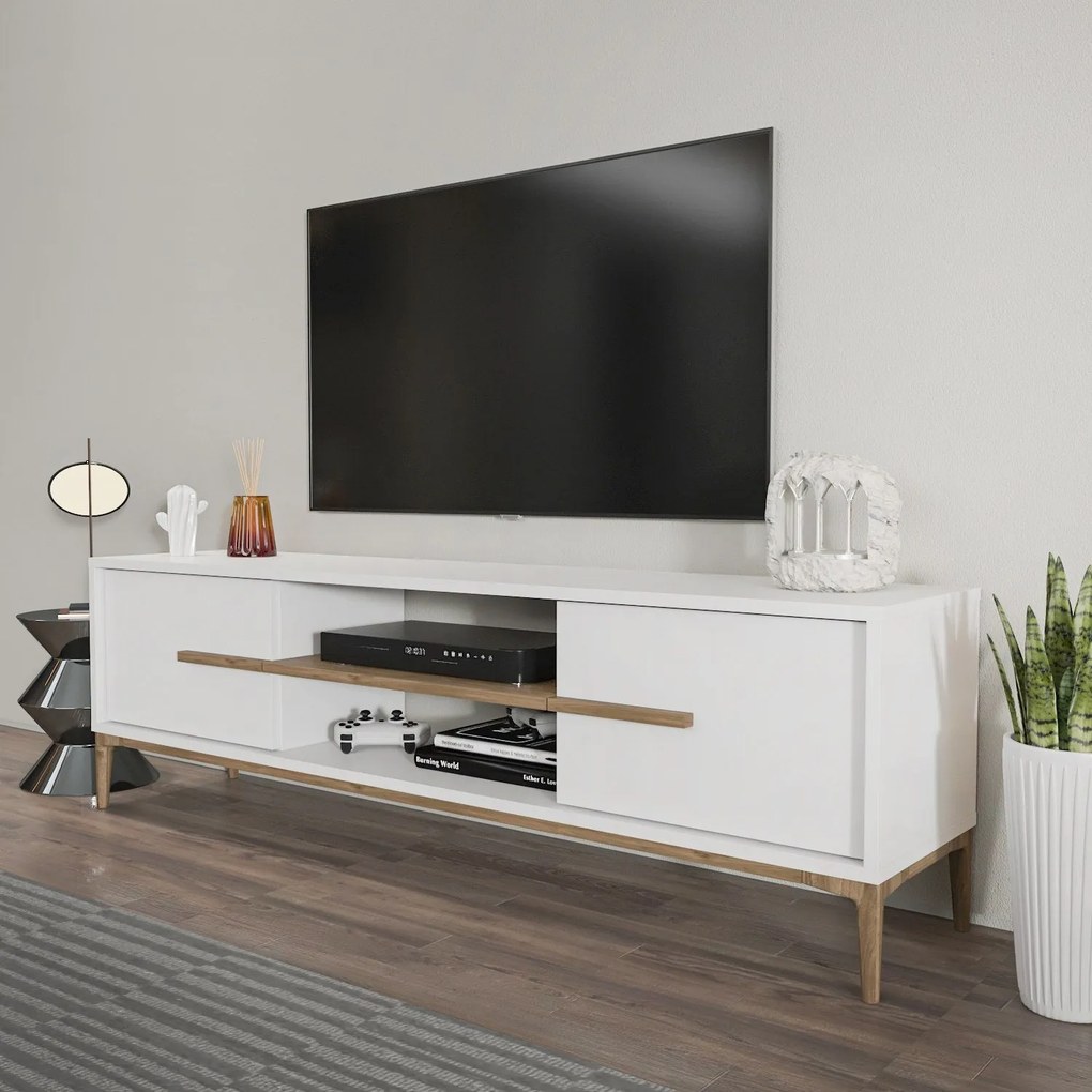 Móvel TV Eslem – Branco e Nogueira – 120 cm x 43,6 cm x 29,6 cm