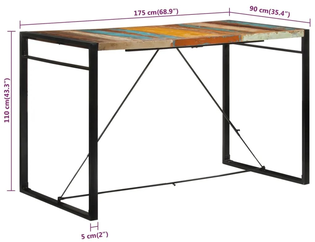 Mesa de bar 175x90x110 cm madeira recuperada maciça