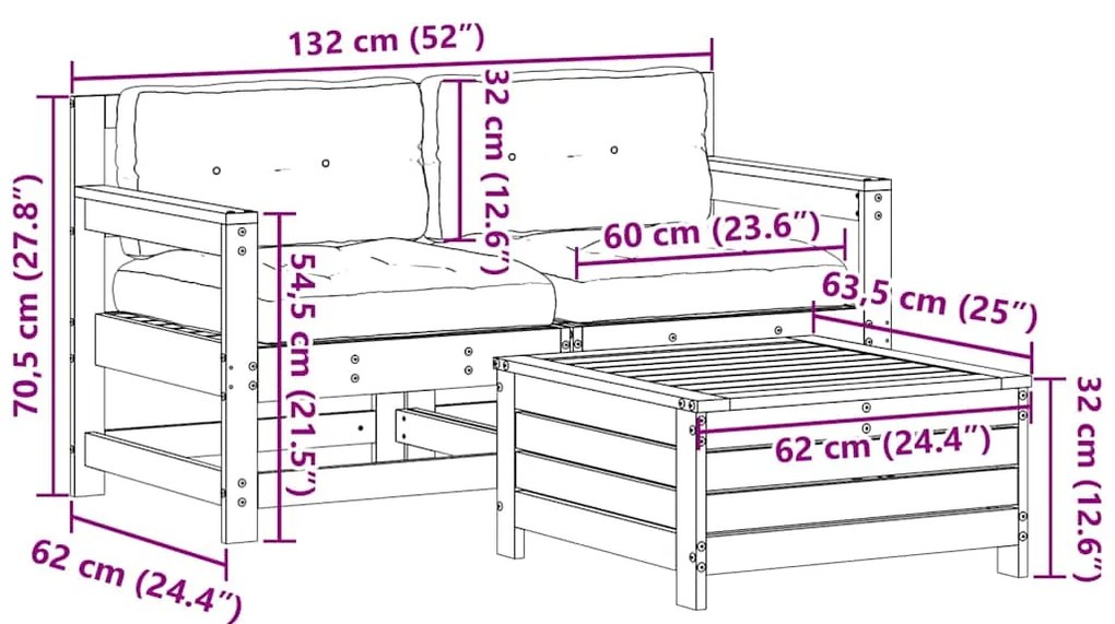 3 pcs conjunto lounge de jardim c/ almofadões pinho maciço