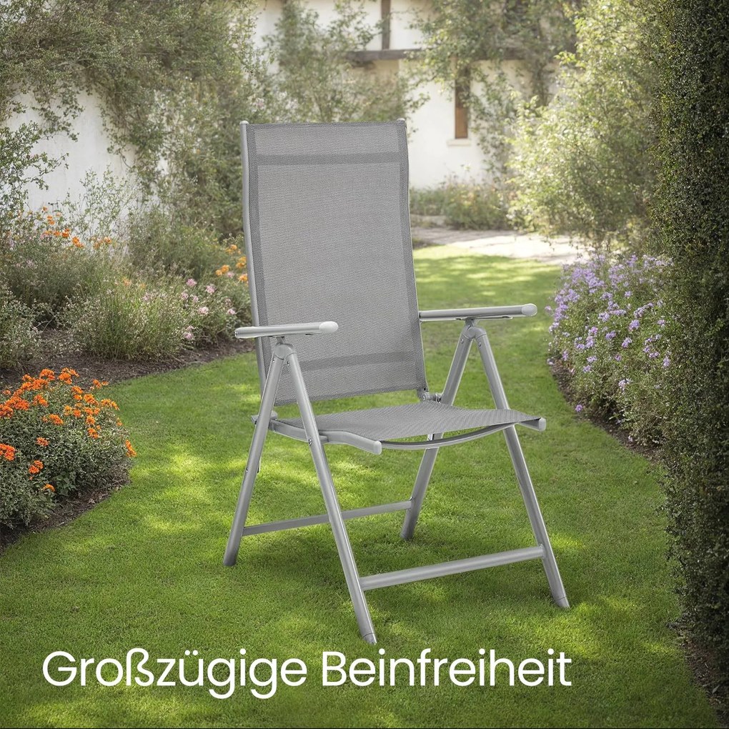 Cadeira de jardim dobrável com capacidade para 150 kg, com estrutura metálica cinzenta