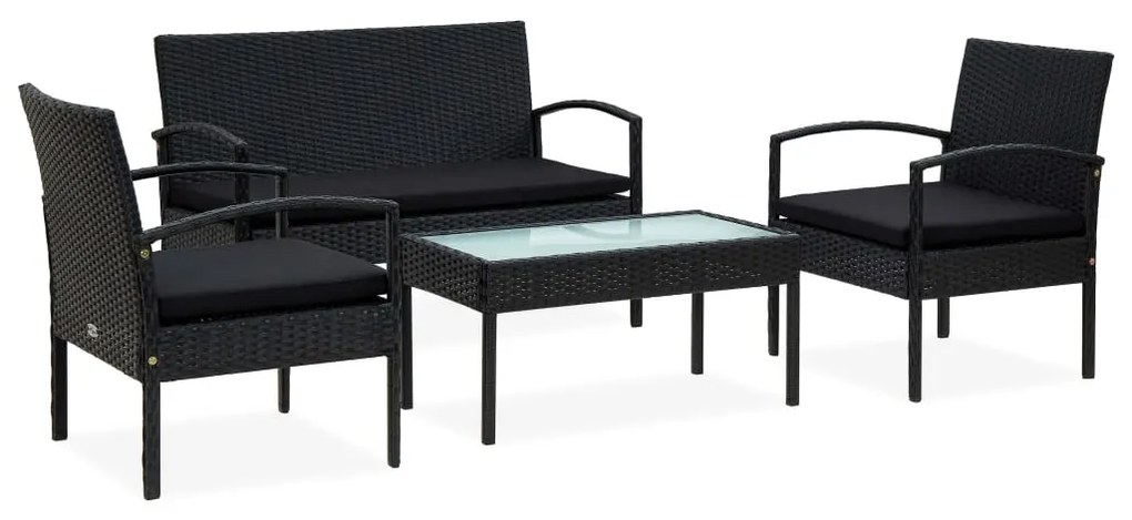 vidaXL 4 pcs conjunto lounge de jardim c/ almofadões vime PE preto