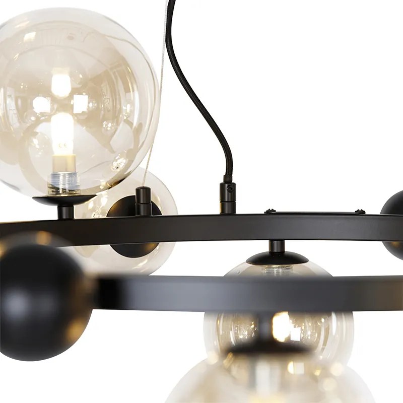 Candeeiro de suspensão Art Deco preto com vidro âmbar 12 luzes - David Art Deco