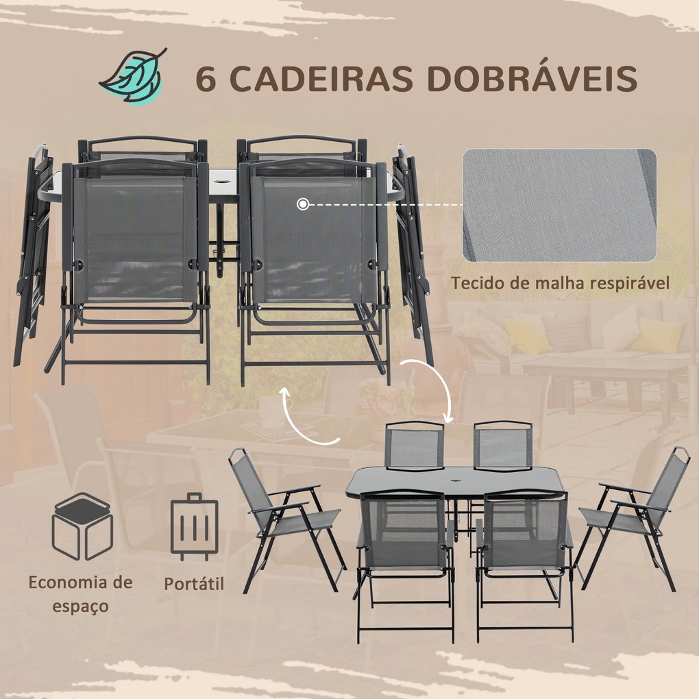 Outsunny Conjunto de Móveis de Jardim 8 Peças com 6 Cadeiras Dobráveis Mesa com Bancada de Vidro e Chapéu de Sol Inclinável Proteção Solar para Terraço Exterior Cinza