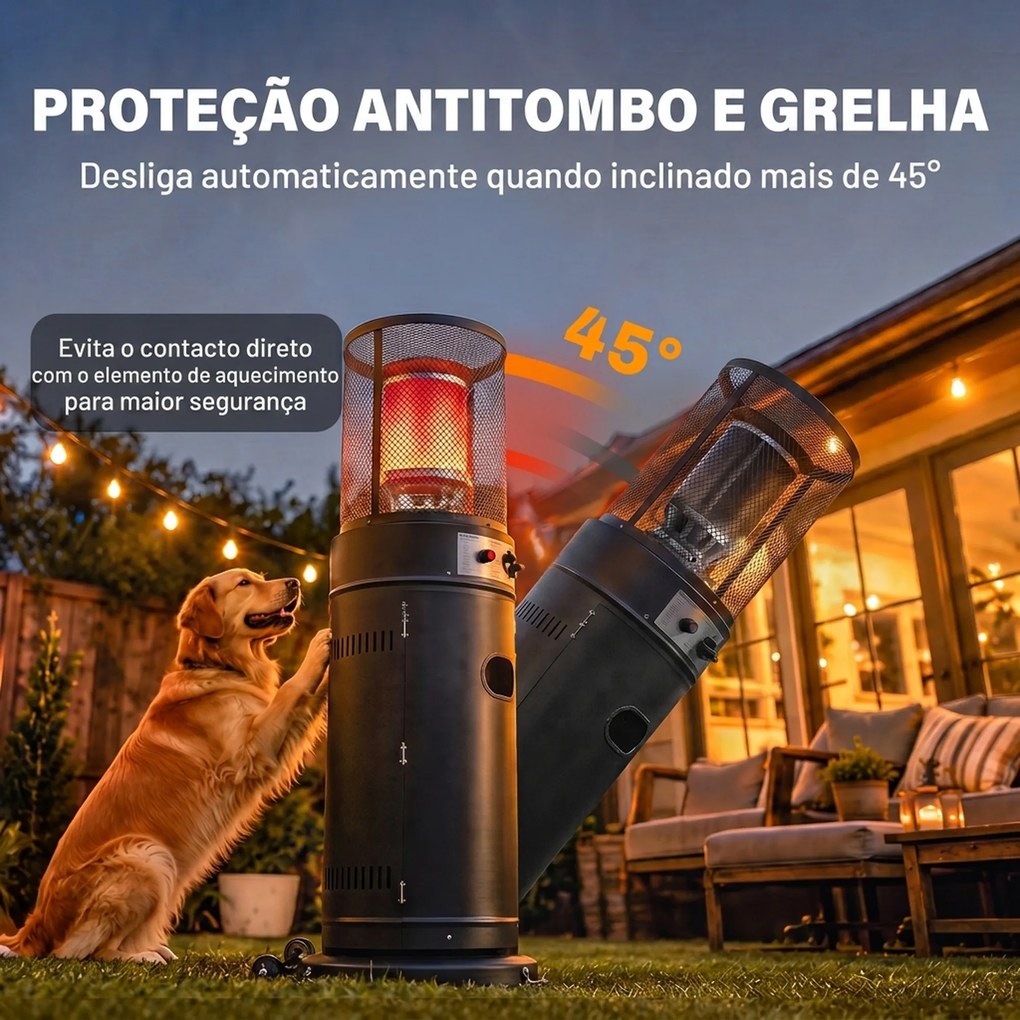 Aquecedor de Gás para Pátio 11 kW Estufa de Exterior Portátil a Propano com Grelha de Proteção e Sistema Antitombo Preto