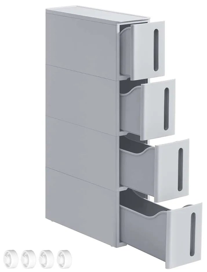 Estante estreita casa de banho com rodas e 4 gavetas 45,2 x 17,3 x 84 cm cinzento