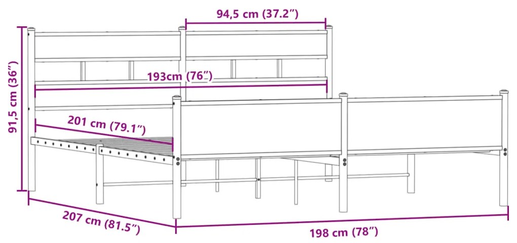 Estrutura de cama sem colchão 193x203cm metal carvalho fumado