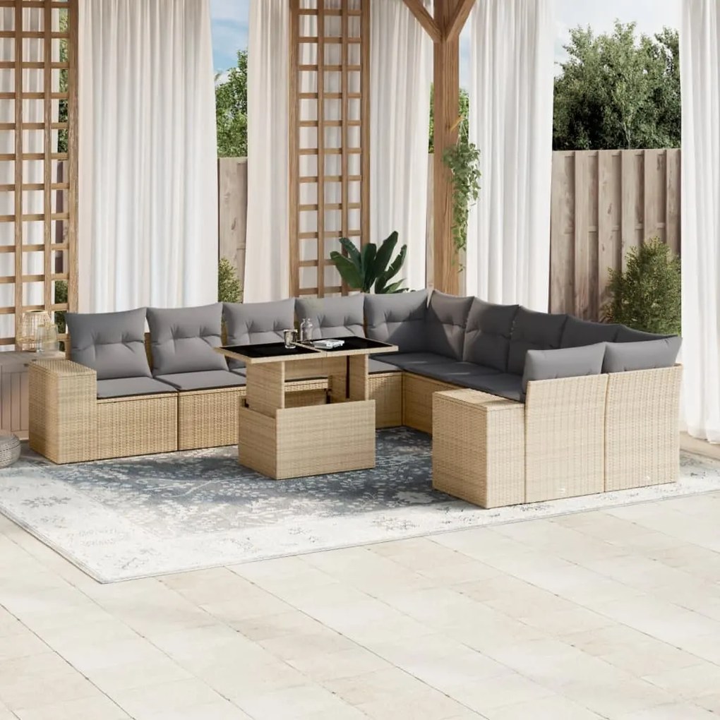 11 pcs conjunto sofás de jardim c/ almofadões vime PE bege