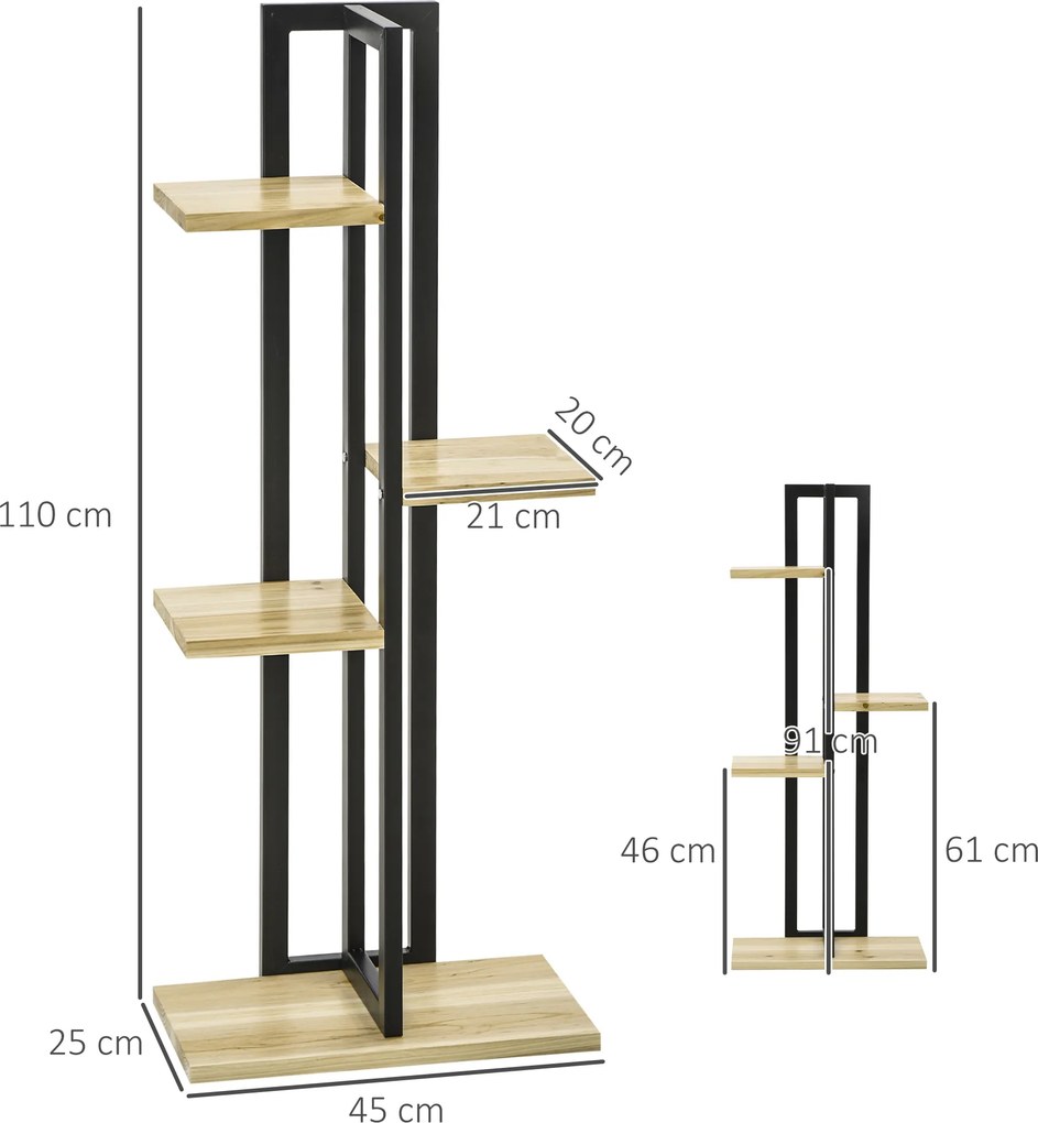 Estante para plantas 45 x 25 x 110 cm em forma de escada com 4 níveis de alturas diferentes, estilo industrial, em madeira, preto e natural