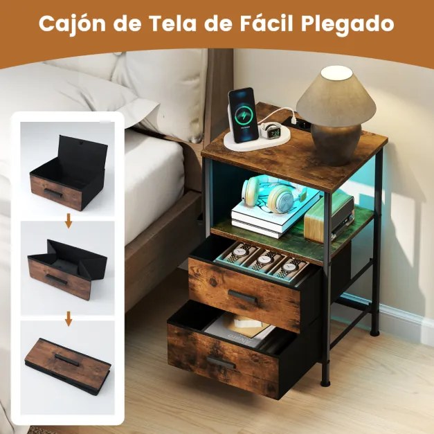 Conjunto de 2 mesas de cabeceira, mesas apoio com carregador USB e Luz LED, com 2 gavetas dobráveis, 38 x 30 x 60 cm, castanho