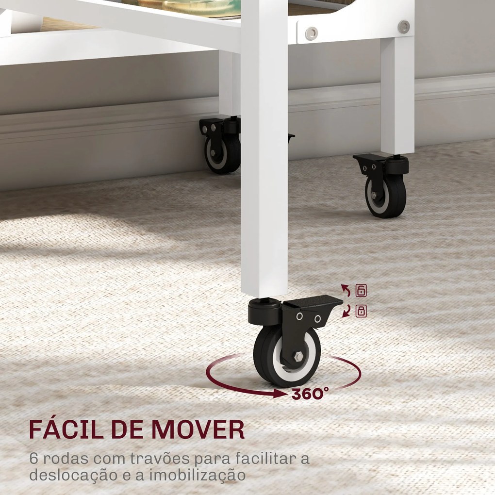 Mesa de Cozinha Dobrável Mesa de Refeição Dobrável com Rodas Laterais Abatíveis e Prateleira 130x80x74 cm Madeira e Branco
