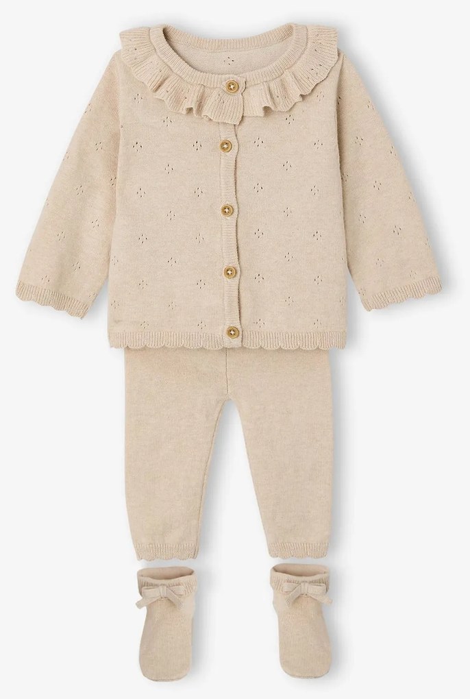 Conjunto em malha 3 peças para bebé menina bege mesclado