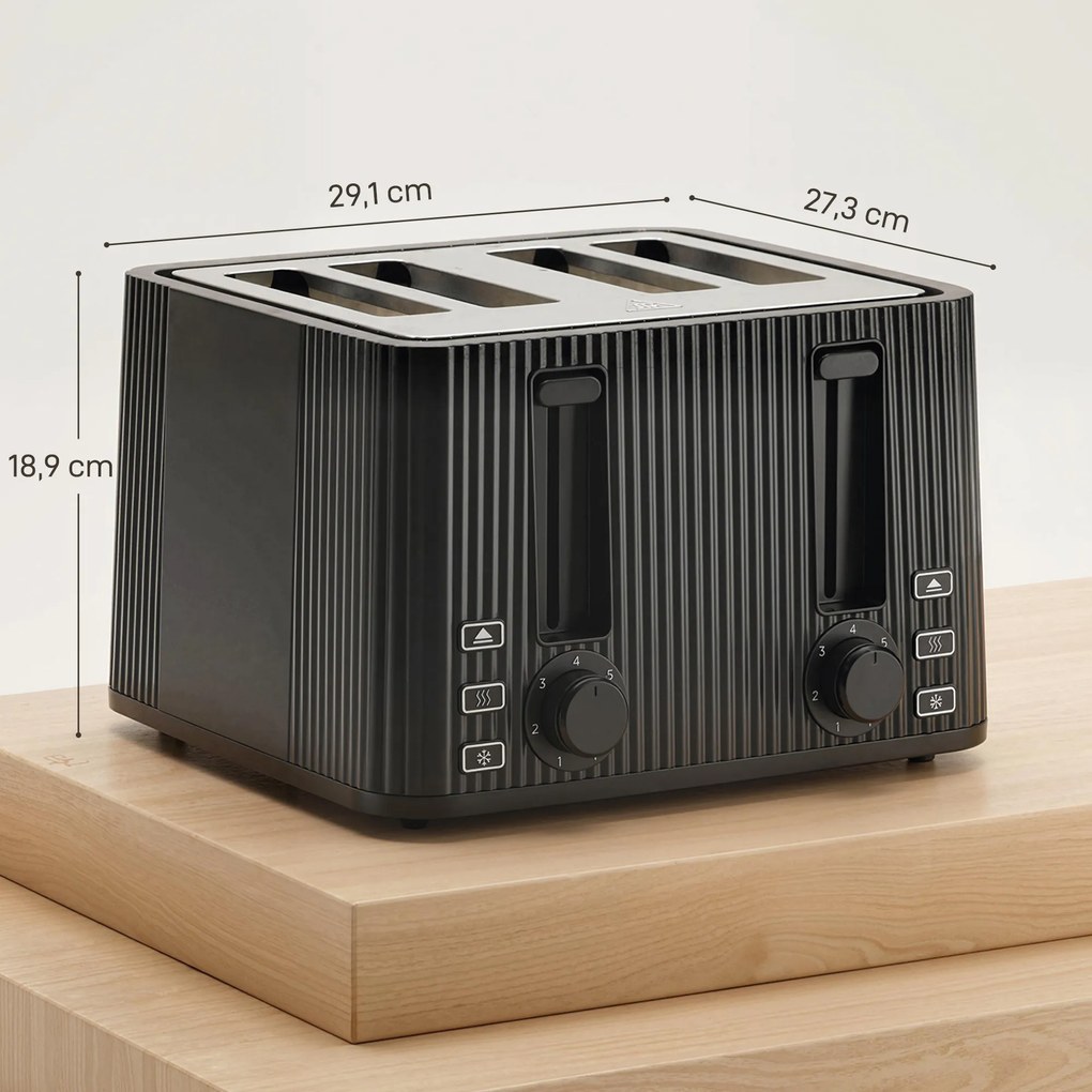 Torradeira de 4 Ranhuras Largas 7 Níveis de Torragem Função Descongelar Aquecer e Cancelar Bandeja Removível Preto