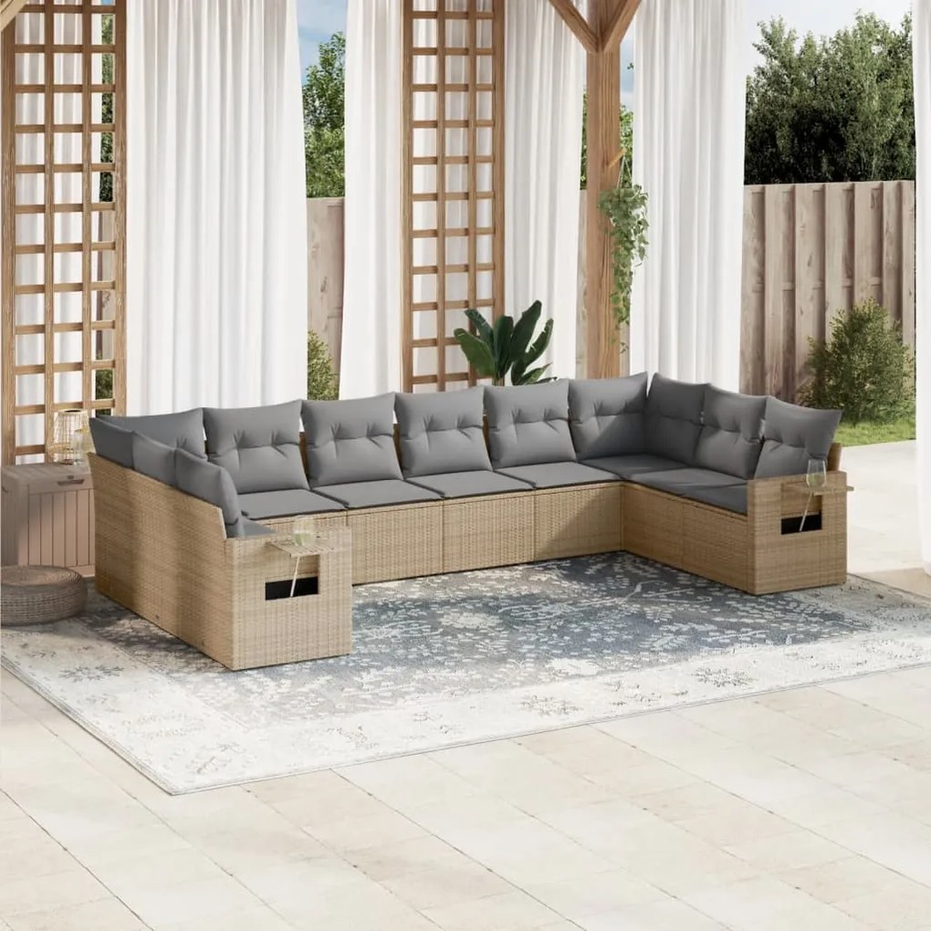 vidaXL 10 pcs conjunto de sofás p/ jardim com almofadões vime PE bege