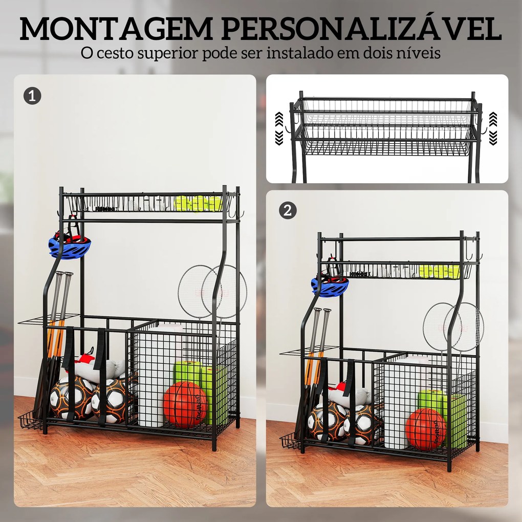 Organizador de Equipamentos Desportivos com Cesto Ganchos Removíveis e Faixas Elásticas Suporte para Bolas 92x42x109 cm Preto