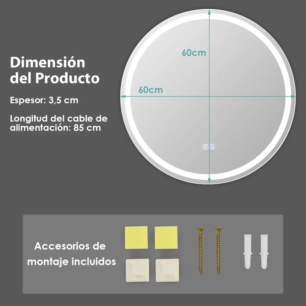 Espelho redondo LED de casa de banho de parede Função anti-embaciamento Cor ajustável Temperatura ajustável Interruptor tátil 60 x 60 cm