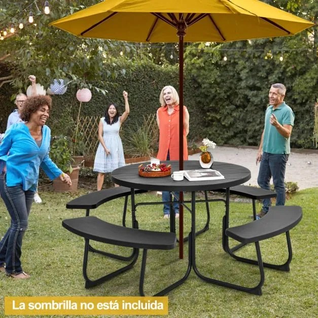 Conjunto de jardim para 8 pessoas com mesa e 4 bancos, orifício para guarda-sol e mesa de campismo redonda para piquenique no jardim Carga 225 kg Pret