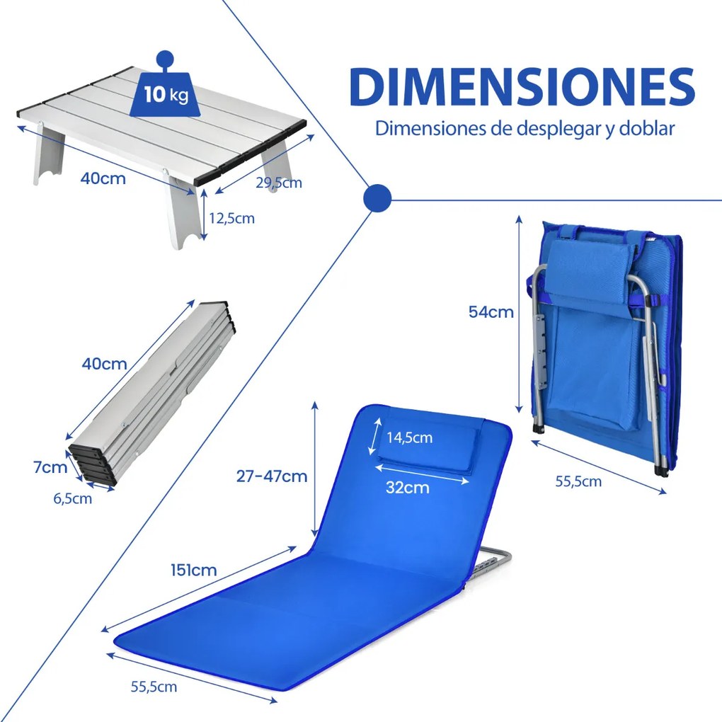 Conjunto de 2 espreguiçadeiras de praia dobráveis Tapetes de praia com mesa portáteis para a praia, jardim, campismo azuis