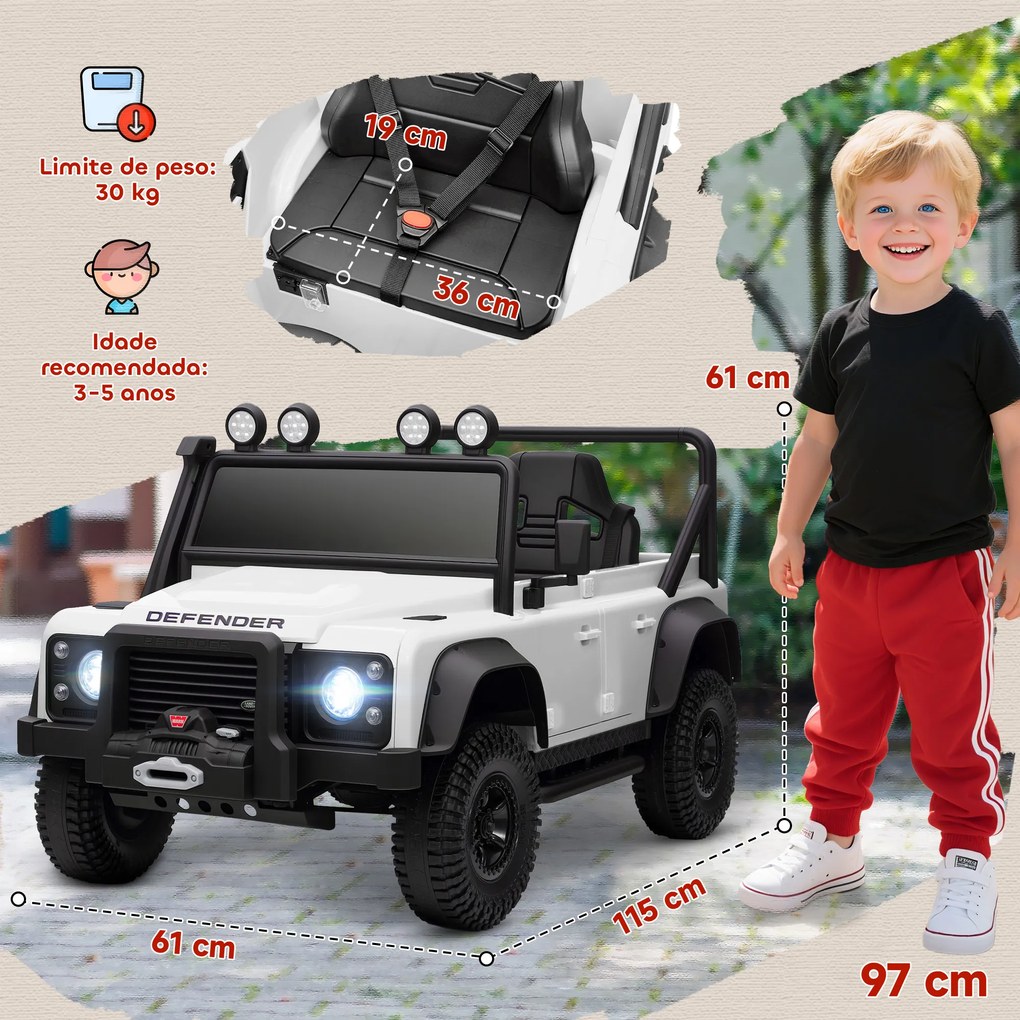 Carro Elétrico para Crianças com Licença Land Rover 12V Controlo Remoto Sistema de Suspensão USB MP3 Velocidade Ajustável Faróis 115x61x61 cm Branco