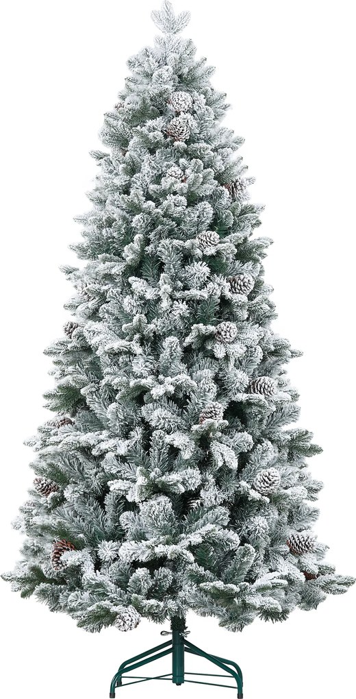 Árvore de Natal artificial de 180 cm com suporte metálico, 1489 ramos cobertos de neve, pinhas, verde