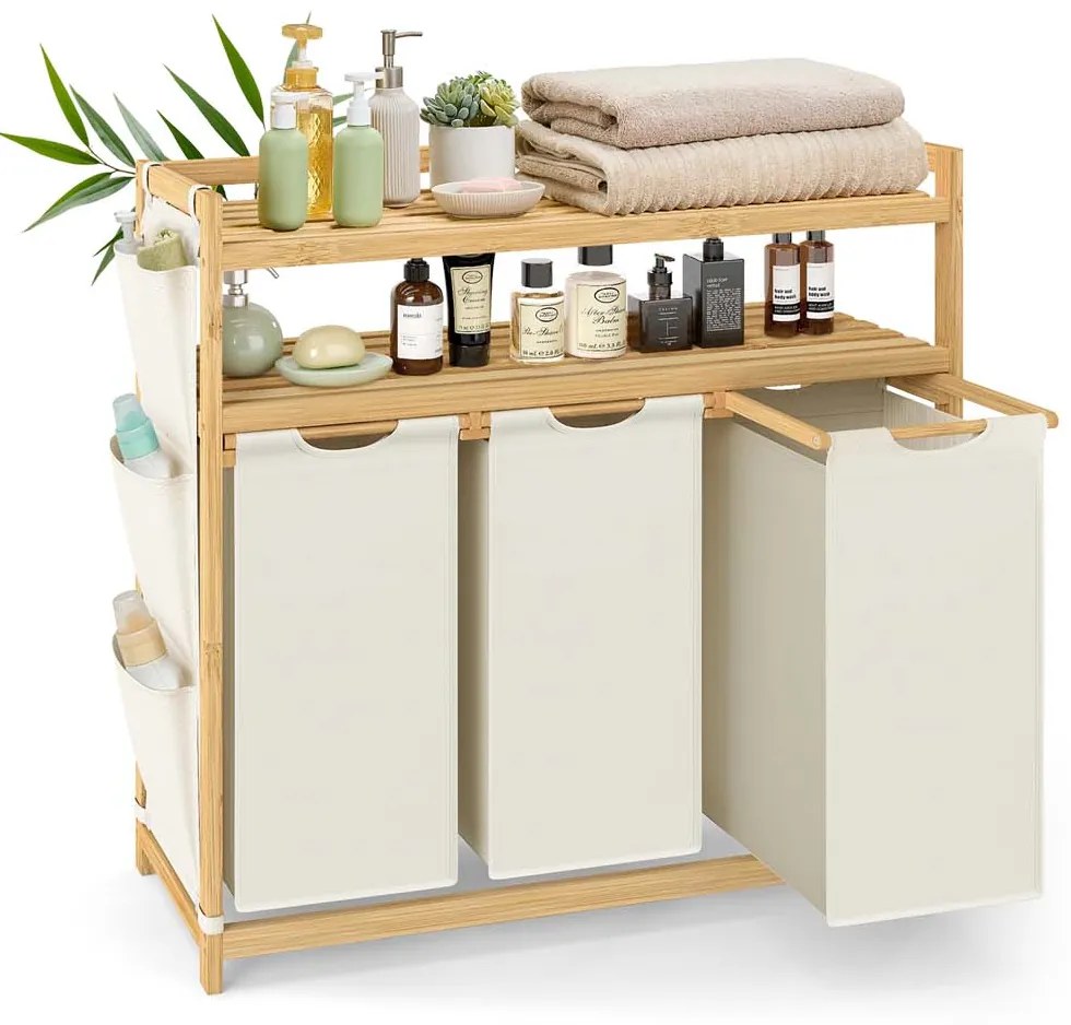 Cesto da roupa suja com vários compartimentos e prateleiras práticas 94 x 33 x 98 cm Creme