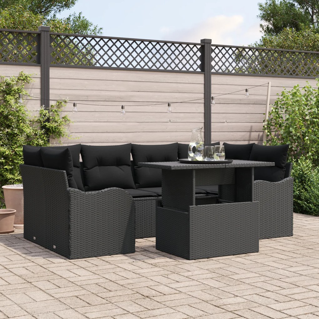 Conjunto de Sofás de Jardim vidaXL 7 Peças com Almofadas Preto Rattan