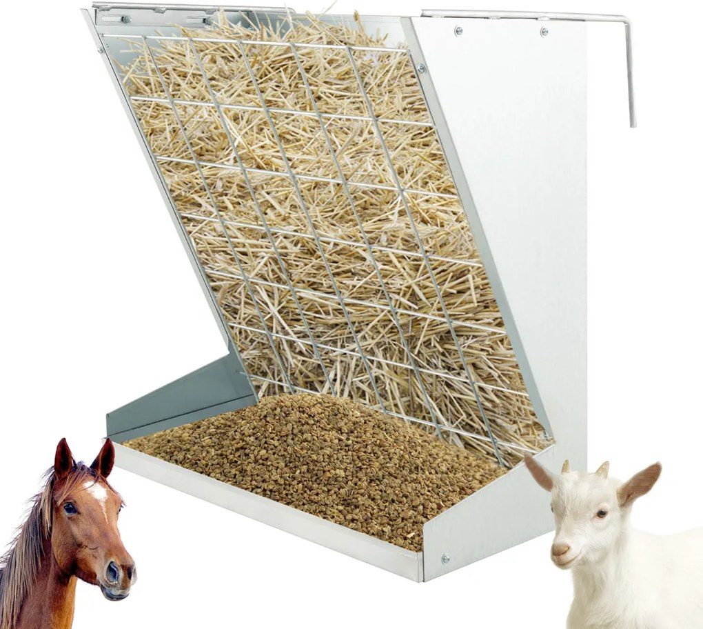 Comedouro de Feno para Animais, 71 x 32,5 x 68 cm, Com Bandeja para Cereais, Prata
