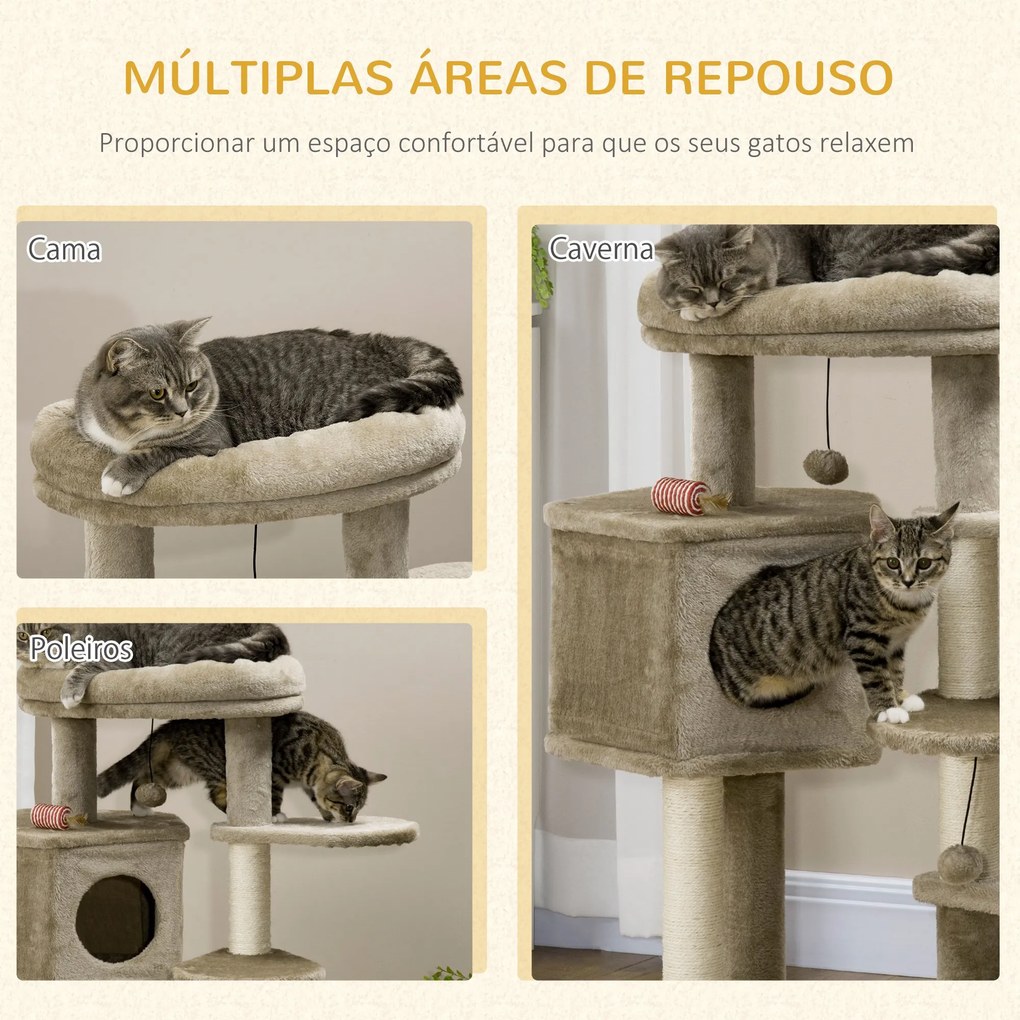 Árvore Arranhador para Gatos Pequenos Altura 94cm Torre para Gatos com Cama Superior Caverna 3 Escadas Bolas Suspensas e Postes de Sisal 55x55x94cm Ma