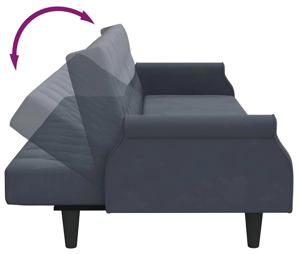 Sofá-cama com apoio de braços veludo cinzento-escuro