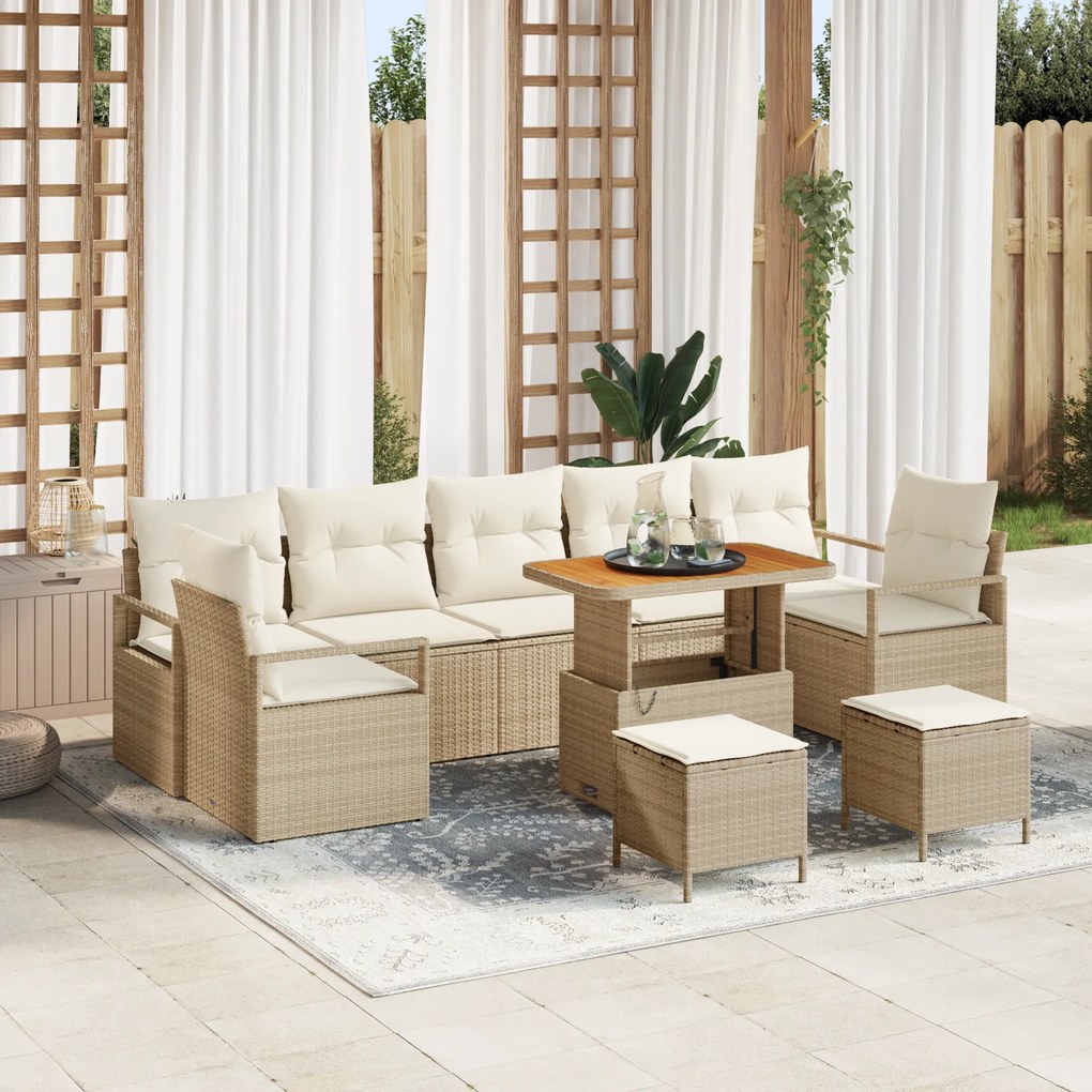 Conjunto de Sofás de Jardim de 10 Peças com Almofadas Bege em Rattan P