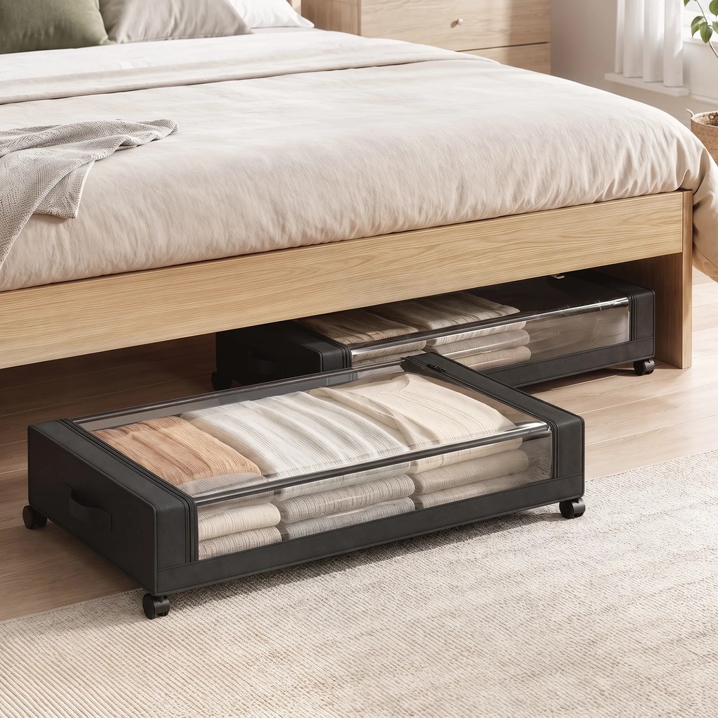 Conjunto de 2 Caixas de Arrumação Debaixo da Cama com Rodas, 78 x 44 x 16 cm, Capacidade de 40 L, Preto