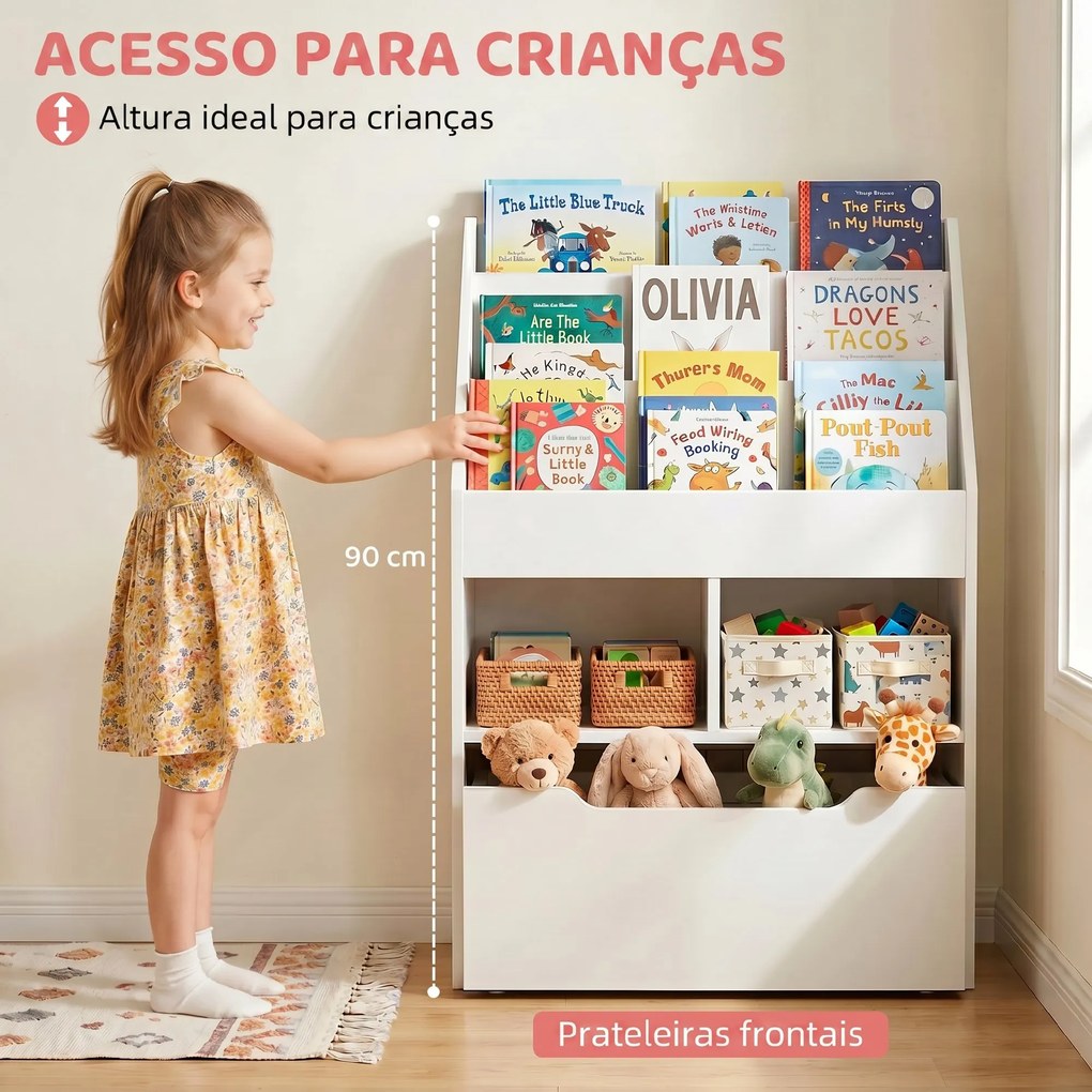 Estante de Madeira para Brinquedos com 3 Compartimentos 2 Cubos e Gaveta Móvel com 4 Rodas Estante para Livros Infantil para Dormitório Infantil Sala