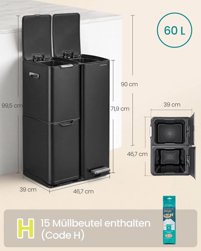 Caixote do lixo de cozinha com pedal e 3 compartimentos, 60 L, 46,7 x 39 x 71,9 cm, preto