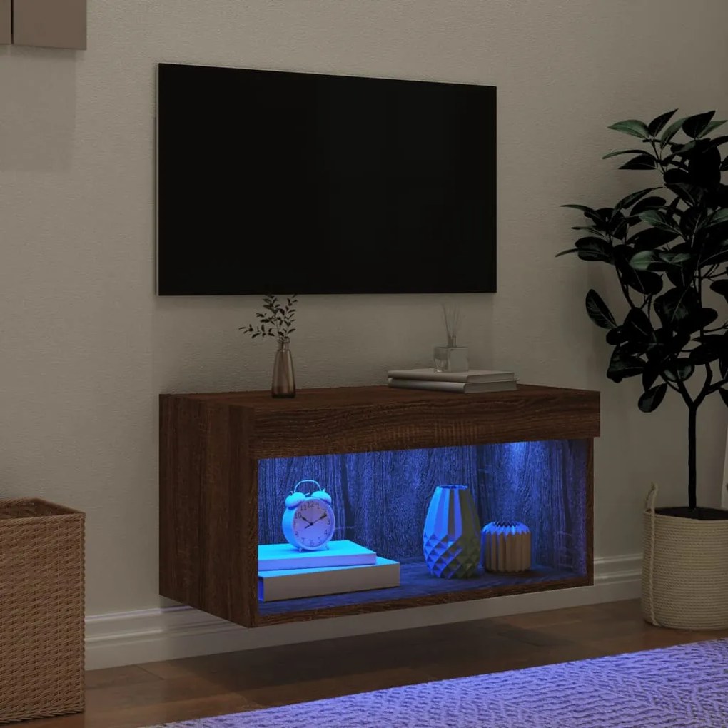Móvel de TV com luzes LED 60x30x30 cm carvalho castanho